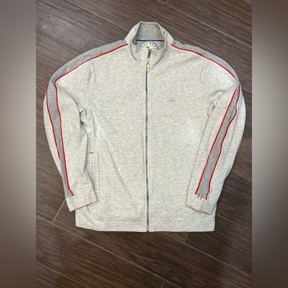 Tommy Bahama Light Gray Zip-Up Sweater with Red Stripes - Picture 8 of 10